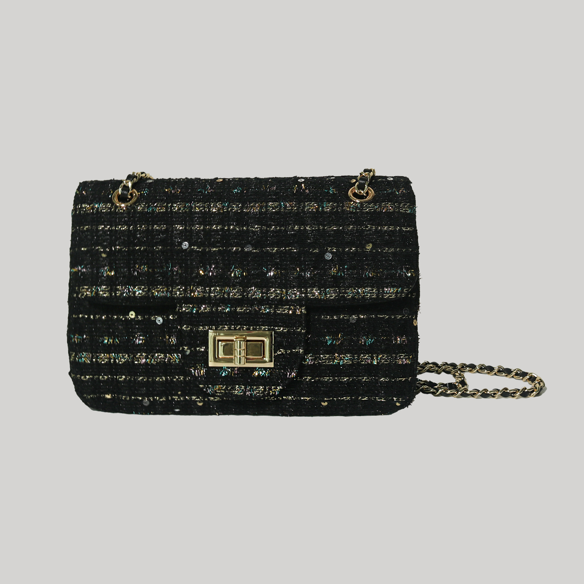 [RUENQ X LINTON]ツイードフラップバッグ_ブラックゴールド