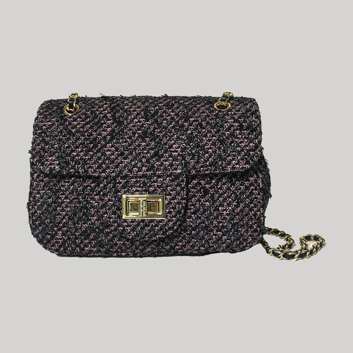 [RUENQ X LINTON]ツイードフラップバッグ_ブラックピンク